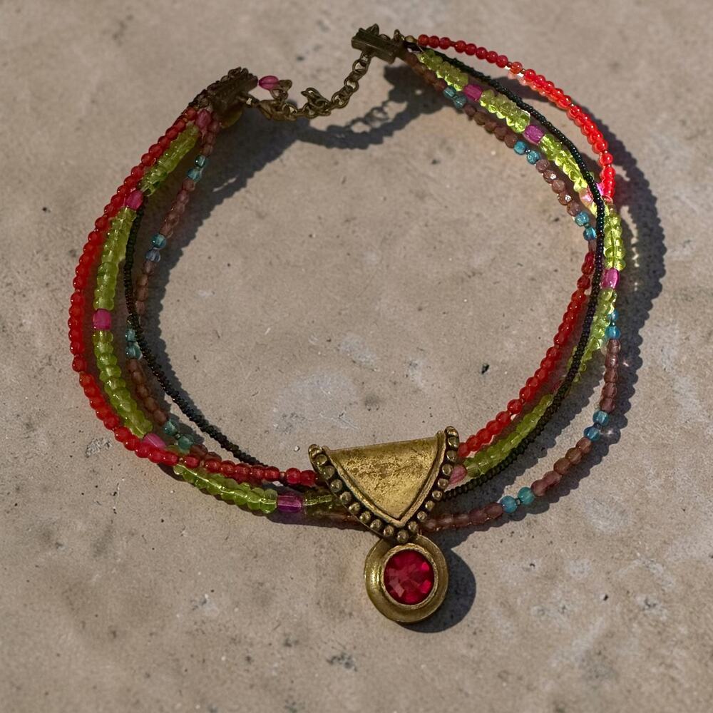 Chico's 4 Strand Colorful Beaded Choker Necklace Red Crystal Pendant